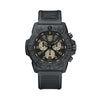 Front view of the Luminox Navy SEAL Chronograph Men’s 45mm Quartz Watch XS.3587 with a black dial and sand-coloured sub-dials and markers. This Navy SEAL Chronograph 3580 Series watch features a black CARBONOX™ case, a black rotating dive bezel and a black rubber strap.