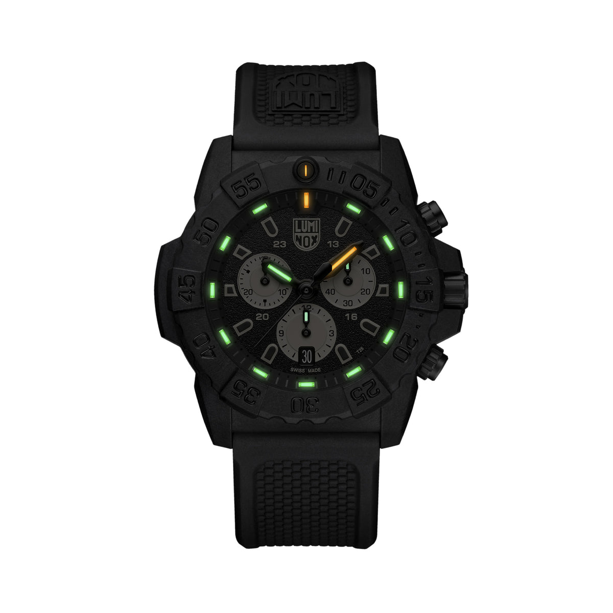 Luminox Navy SEAL Chronograph Men’s 45mm Quartz Watch XS.3587 glowing in the dark with Luminox Light Technology. The self-powered tritium tubes on the hands, sub-dial hands and hour markers of this Navy SEAL Chronograph 3580 Series watch glow constantly for up to 25 years.
