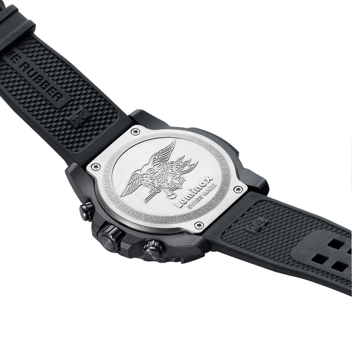 Back view of the Luminox Navy SEAL Chronograph Men’s 45mm Quartz Watch XS.3587 showing the screw-in case back. This Navy SEAL Chronograph 3580 Series watch is water resistant to 200m and comes on a black rubber strap.