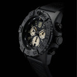 Luminox Navy SEAL Chronograph Men’s 45mm Quartz Watch XS.3587 glowing in the dark with Luminox Light Technology. The self-powered tritium tubes on the hands, sub-dial hands and hour markers of this Navy SEAL Chronograph 3580 Series watch glow constantly for up to 25 years.
