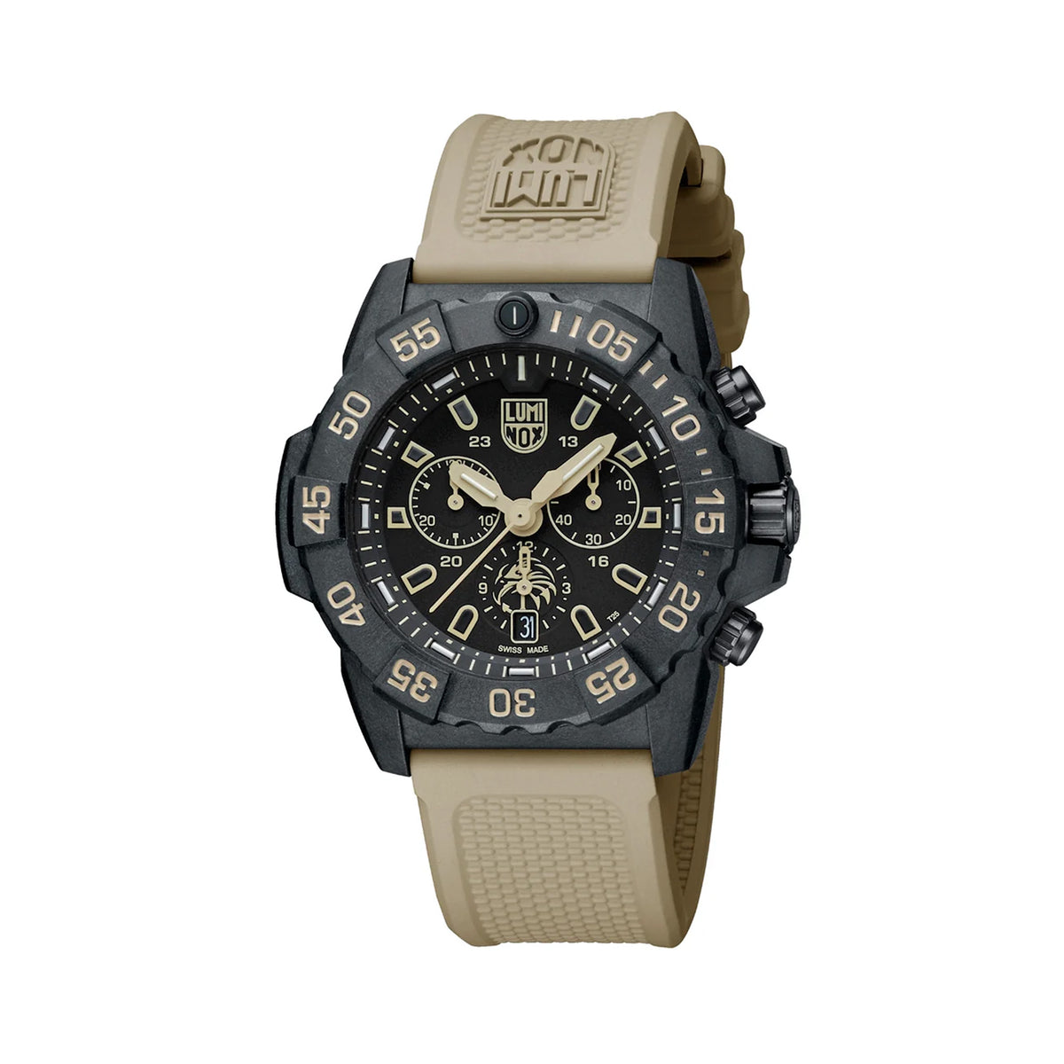 Front view of the Luminox Navy SEAL Foundation Men's 45mm Quartz Chronograph Watch XS.3590.NSF.SET with a black dial, sand details and three sub-dials. This Navy SEAL Foundation Chronograph features a black CARBONOX™ case, a rotating dive bezel and a sand rubber strap.