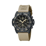 Front view of the Luminox Navy SEAL Foundation Men's 45mm Quartz Chronograph Watch XS.3590.NSF.SET with a black dial, sand details and three sub-dials. This Navy SEAL Foundation Chronograph features a black CARBONOX™ case, a rotating dive bezel and a sand rubber strap.