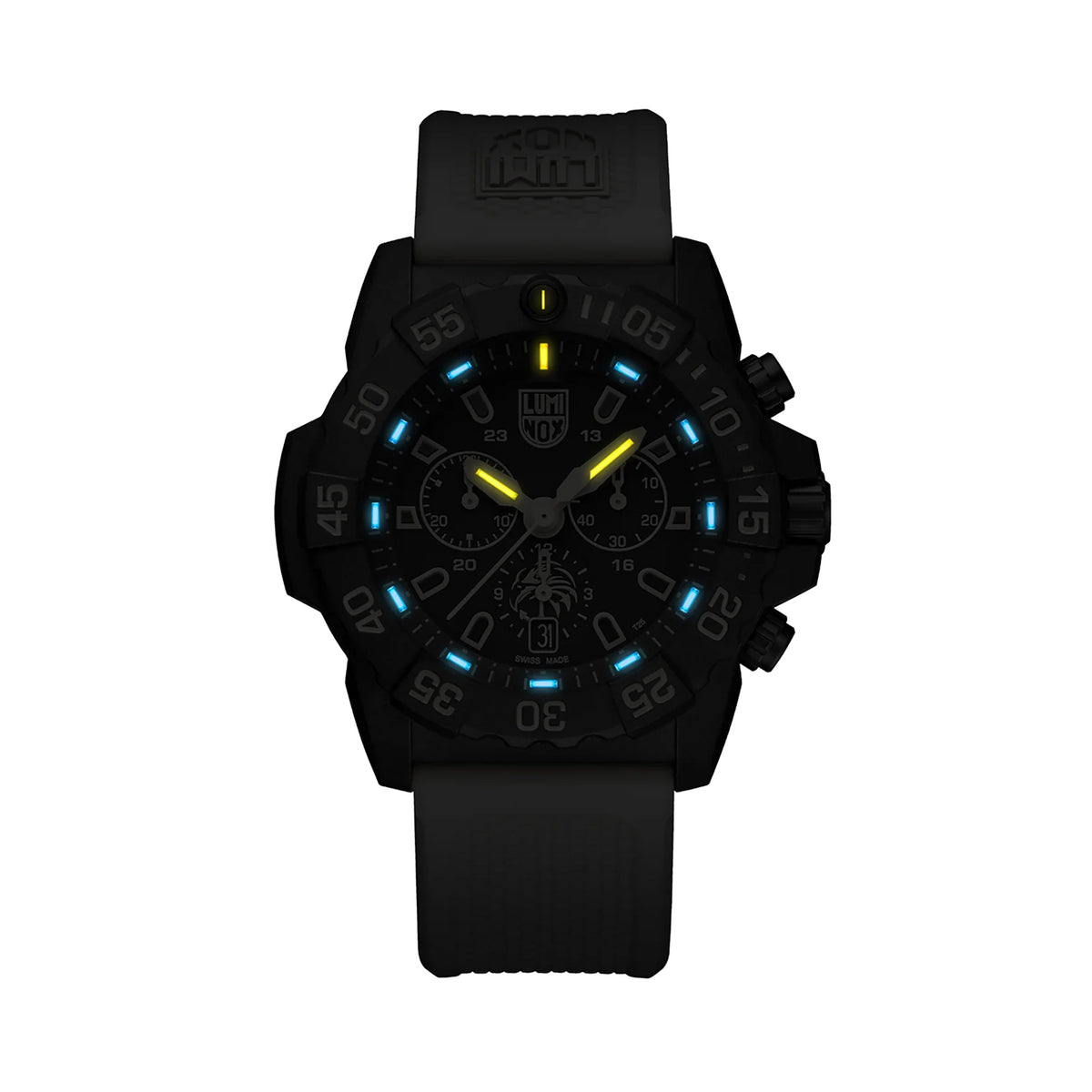 Luminox Navy SEAL Foundation Men's 45mm Quartz Chronograph Watch XS.3590.NSF.SET glowing in the dark with Luminox Light Technology. The self-powered tritium tubes on the hands and markers of this Navy SEAL Foundation Chronograph glow constantly for up to 25 years.