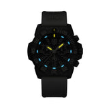 Luminox Navy SEAL Foundation Men's 45mm Quartz Chronograph Watch XS.3590.NSF.SET glowing in the dark with Luminox Light Technology. The self-powered tritium tubes on the hands and markers of this Navy SEAL Foundation Chronograph glow constantly for up to 25 years.