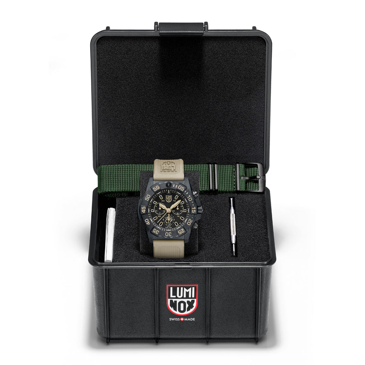 Lume: Luminox Navy SEAL Foundation Men's 45mm Quartz Chronograph Watch in a black display case