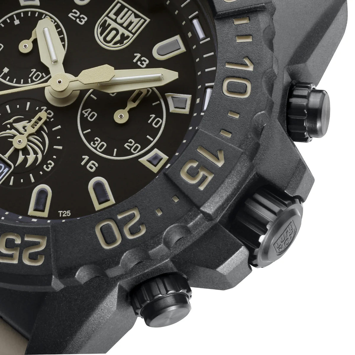 Close-up of the black dial on the Luminox Navy SEAL Foundation Men's 45mm Quartz Chronograph Watch XS.3590.NSF.SET, showing the sand-coloured details, three chronograph sub-dials and the Navy SEAL Foundation logo at 6 o'clock. This Navy SEAL Foundation Chronograph features luminous hands and markers with self-powered tritium tubes.