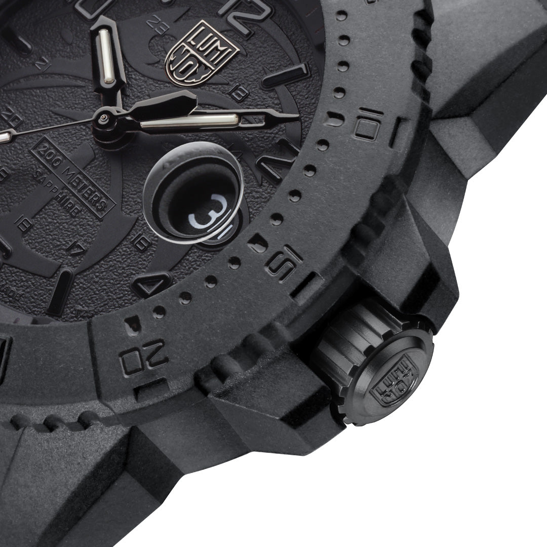 Close up of Black Luminox Watch case