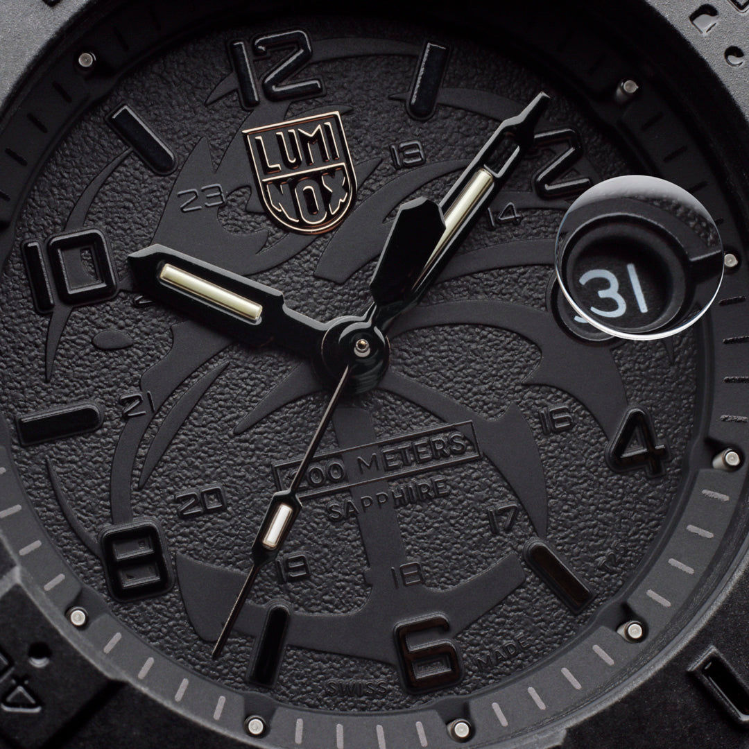 Close up of Black Luminox Watch Dial