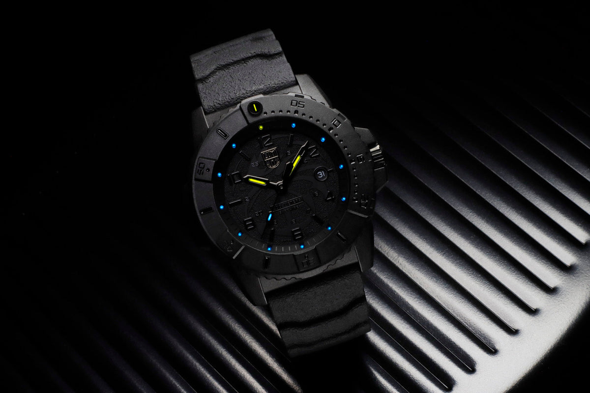 Black Luminox Watch with Yellow and Blue Lume
