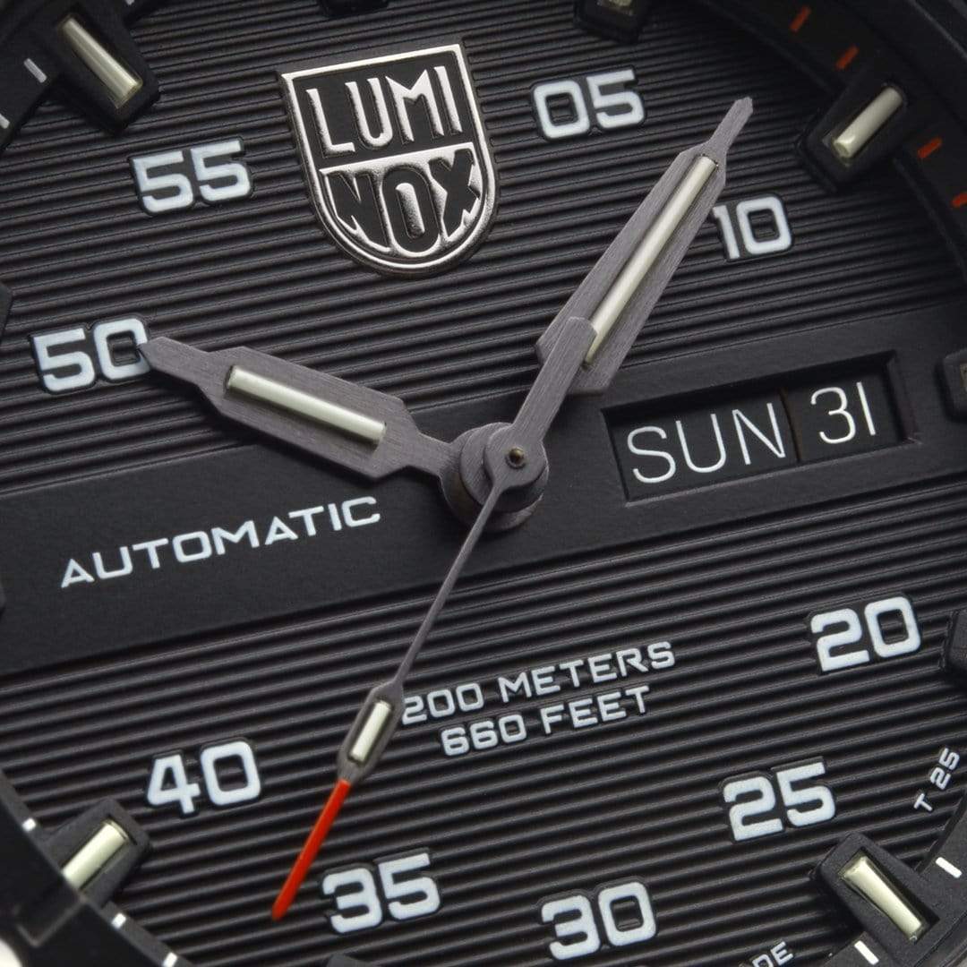 Close up of Luminox Watch with a black textured face
