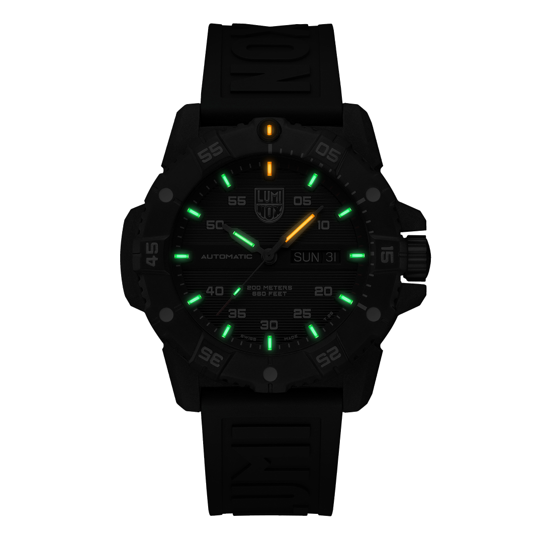Black Luminox Watch with a black rubber band and green lume