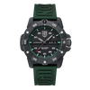A Luminox Master Carbon SEAL Automatic 45mm Military Dive Watch with a green band and dial, featuring a date display and multiple function indicators.