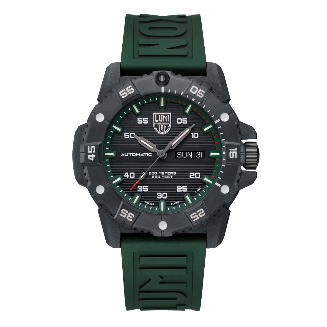 A Luminox Master Carbon SEAL Automatic 45mm Military Dive Watch with a green band and dial, featuring a date display and multiple function indicators.