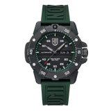 A Luminox Master Carbon SEAL Automatic 45mm Military Dive Watch with a green band and dial, featuring a date display and multiple function indicators.