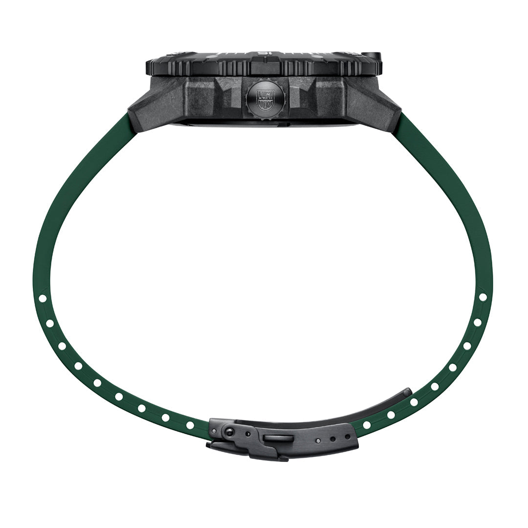 Side profile of a Luminox Watch with a green band