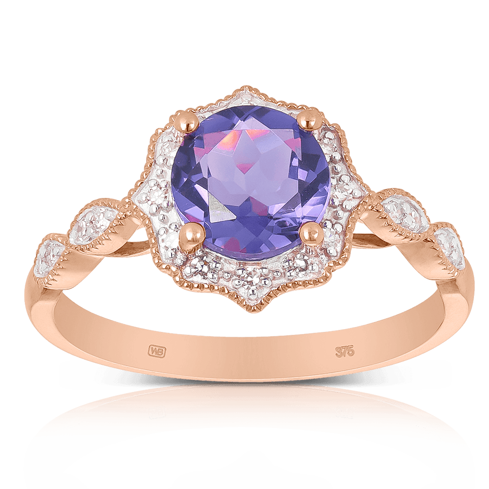 Amethyst & Diamond Halo Ring in 9ct Rose Gold