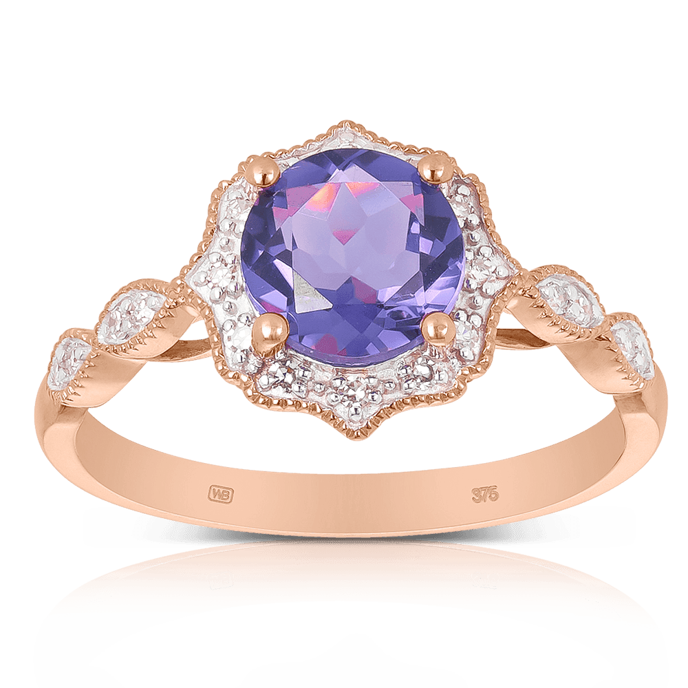 Amethyst & Diamond Halo Ring in 9ct Rose Gold - Wallace Bishop