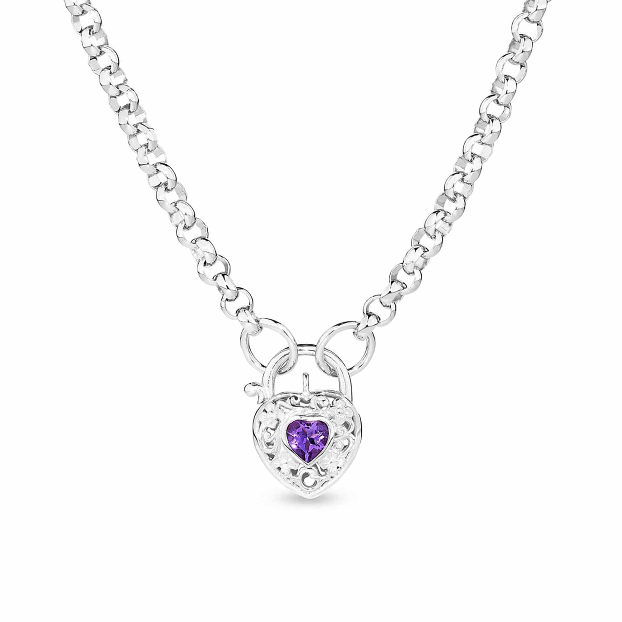 Amethyst Filigree Heart Padlock Necklace in Sterling Silver