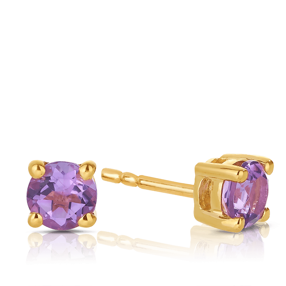 Amethyst Round Stud Earrings in 9ct Yellow Gold