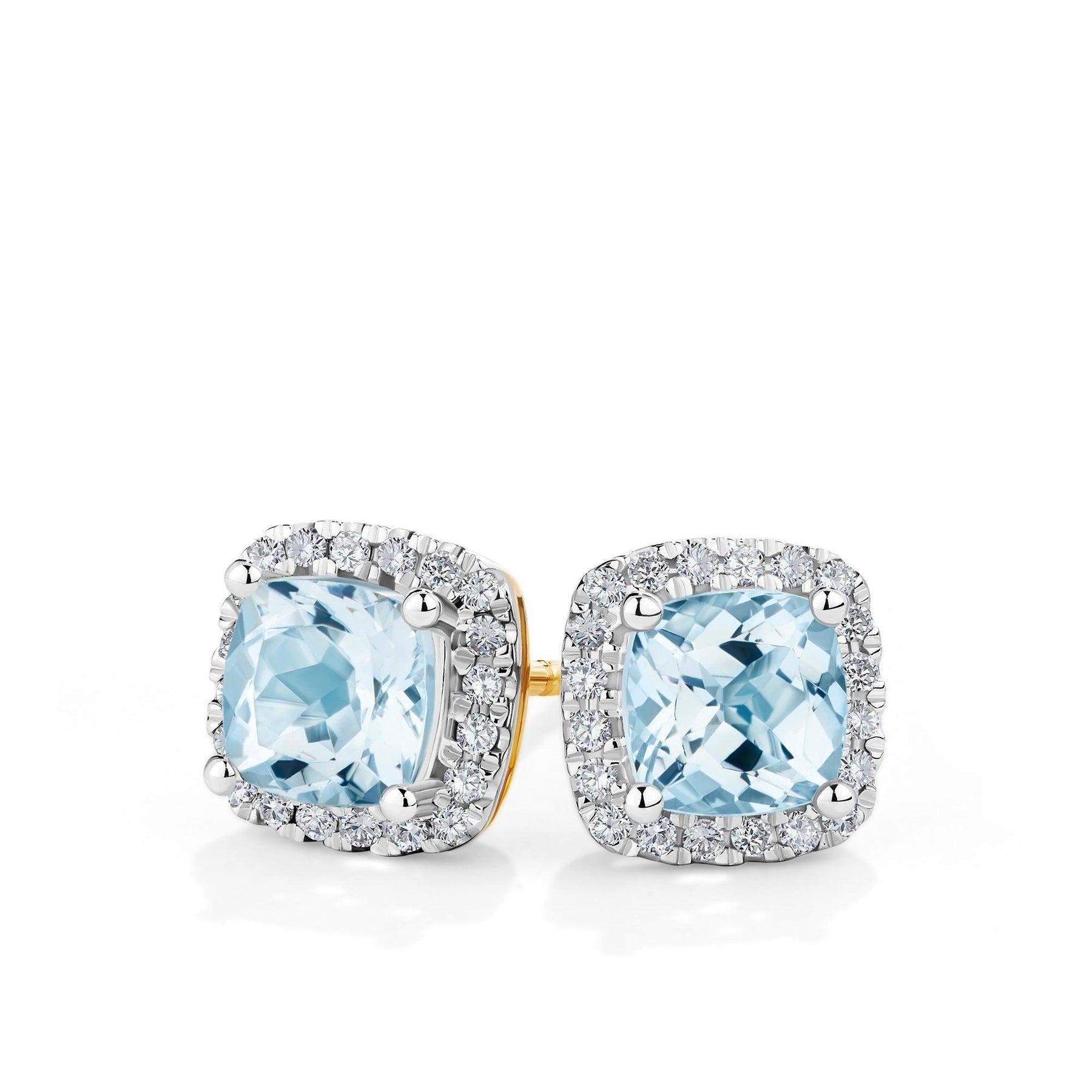 Aquamarine & Diamond Cushion Halo Stud Earrings in 9ct Yellow Gold - Wallace Bishop