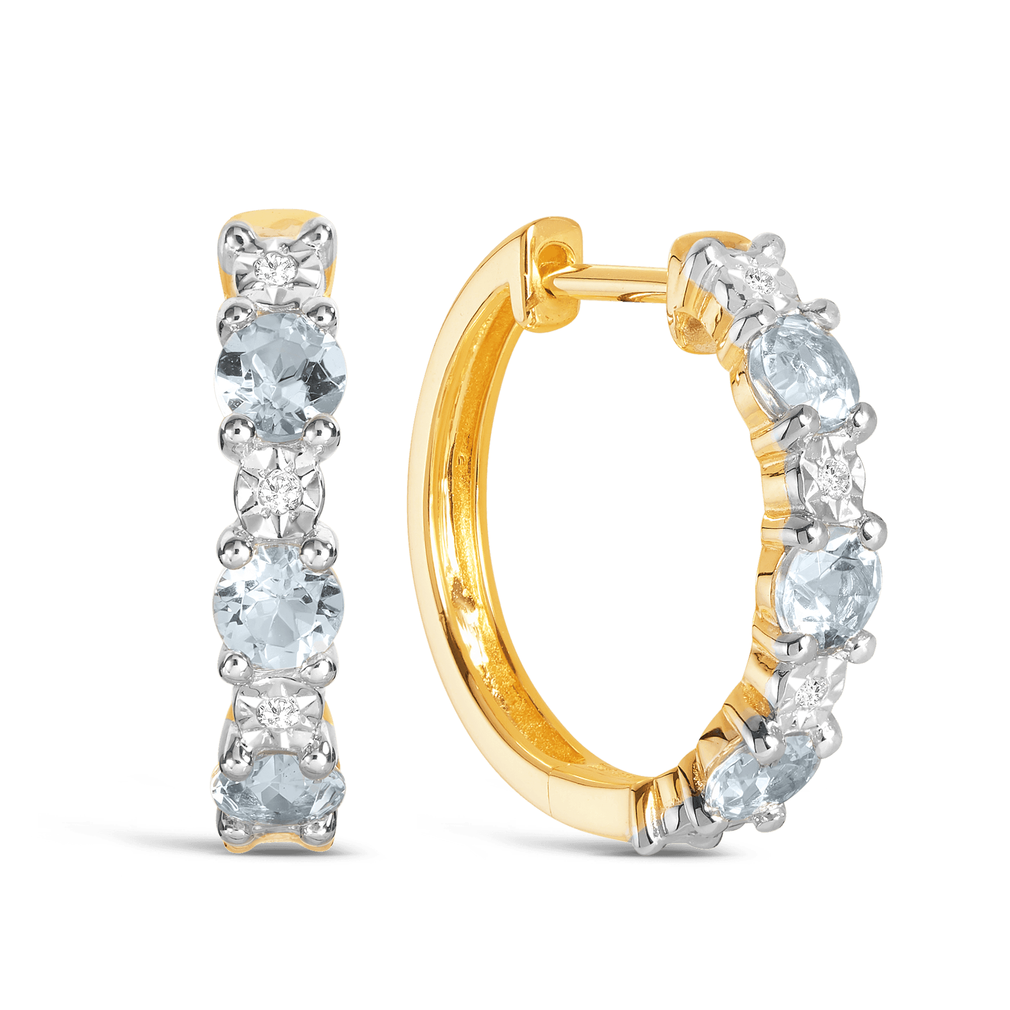 Aquamarine & Diamond Huggie Hoop Earrings in 9ct Yellow Gold