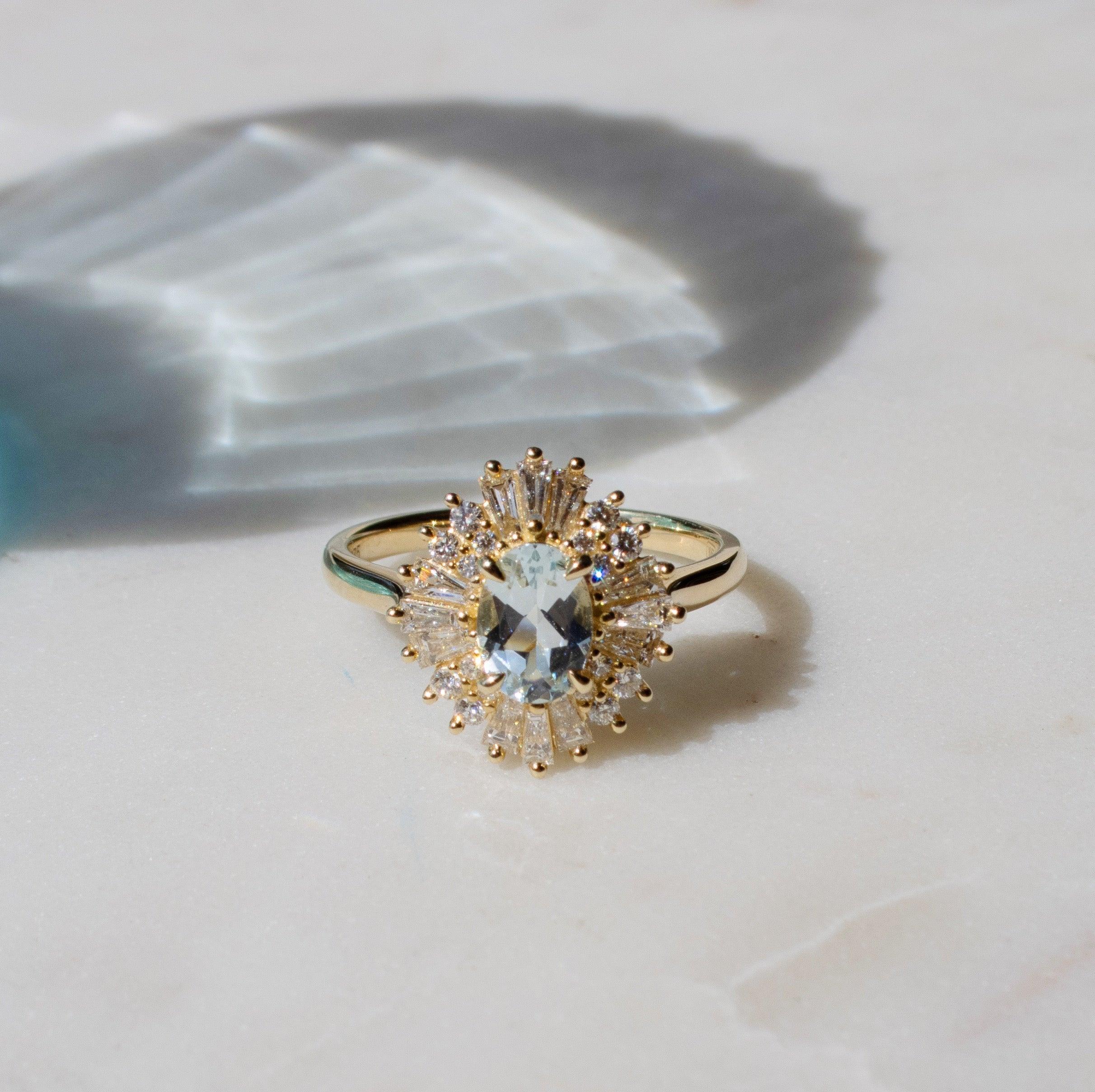 Aquamarine Diamond Ballerina Ring in 9ct Yellow Gold
