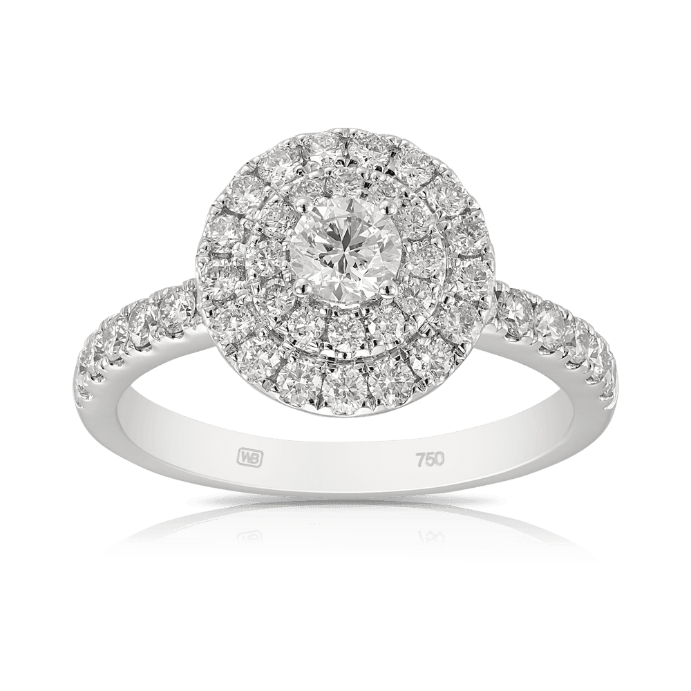Australian Diamonds® Argyle Round Brilliant Cut White Diamond Cluster Double Halo Engagement Ring in 18ct White Gold - Wallace Bishop