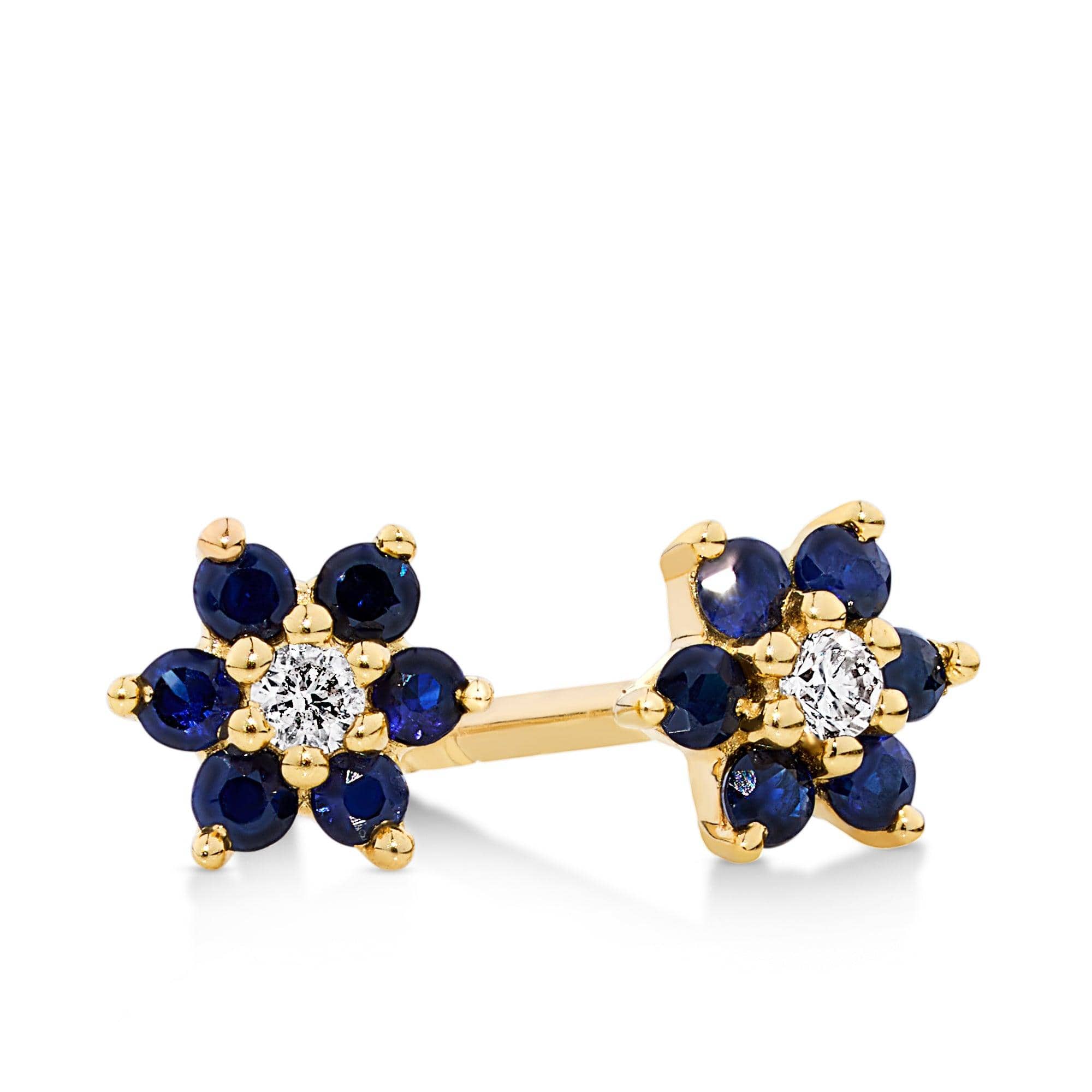 Blue Sapphire & Diamond Petite Flower Earrings in 9ct Yellow Gold