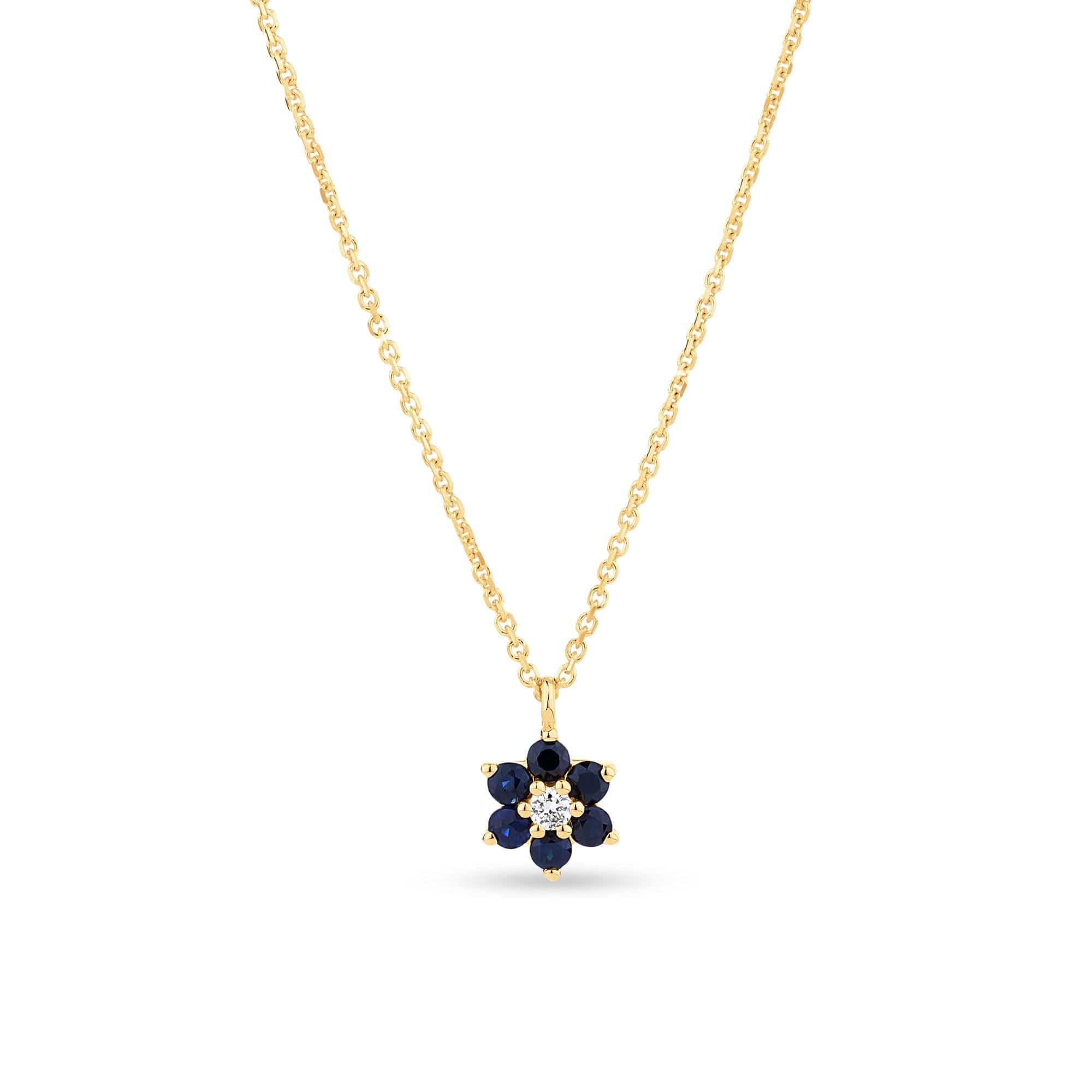 Blue Sapphire & Diamond Petite Flower Pendant in 9ct Yellow Gold