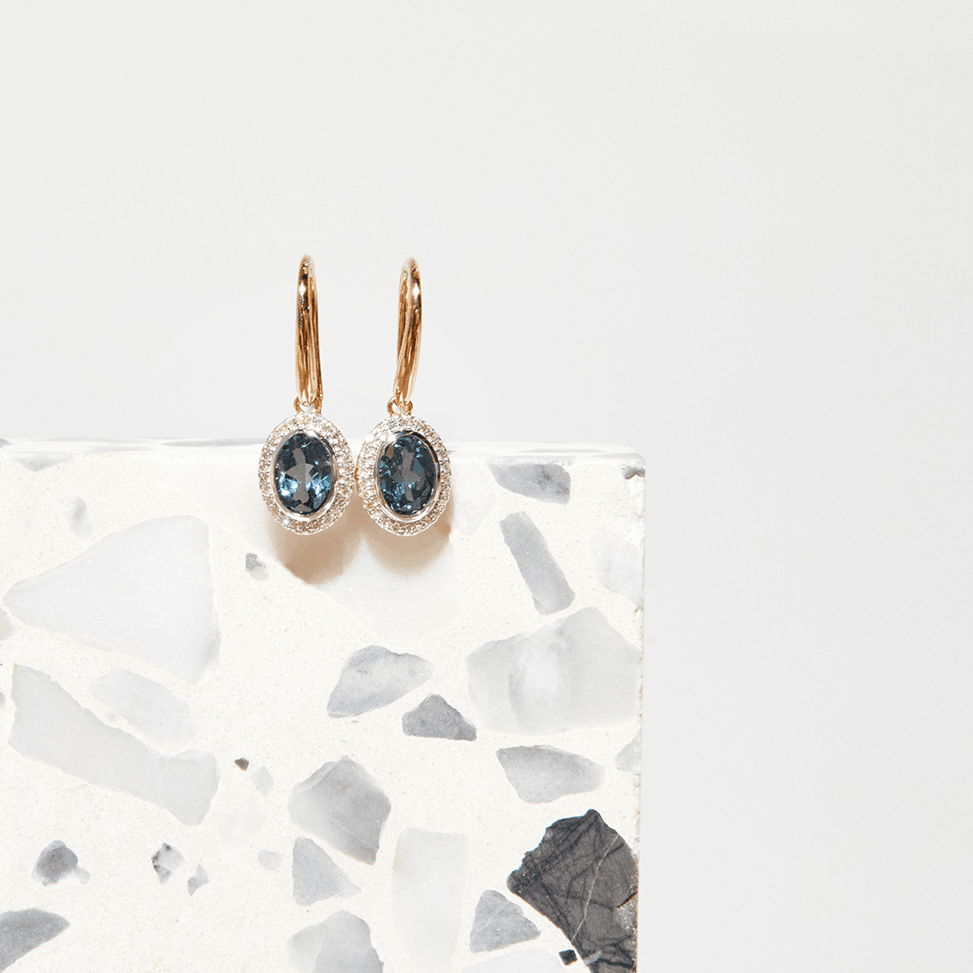 Blue Topaz & Diamond Earrings in 9ct Yellow Gold