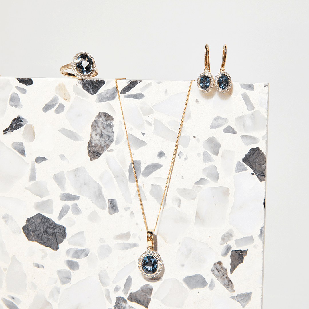 Blue Topaz & Diamond Earrings in 9ct Yellow Gold