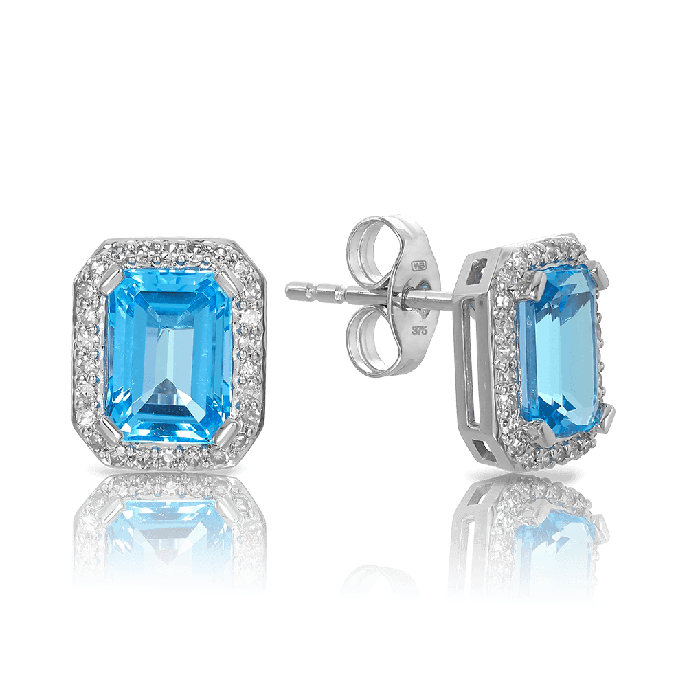 Blue Topaz & Diamond Halo Stud Earrings in 9ct White Gold