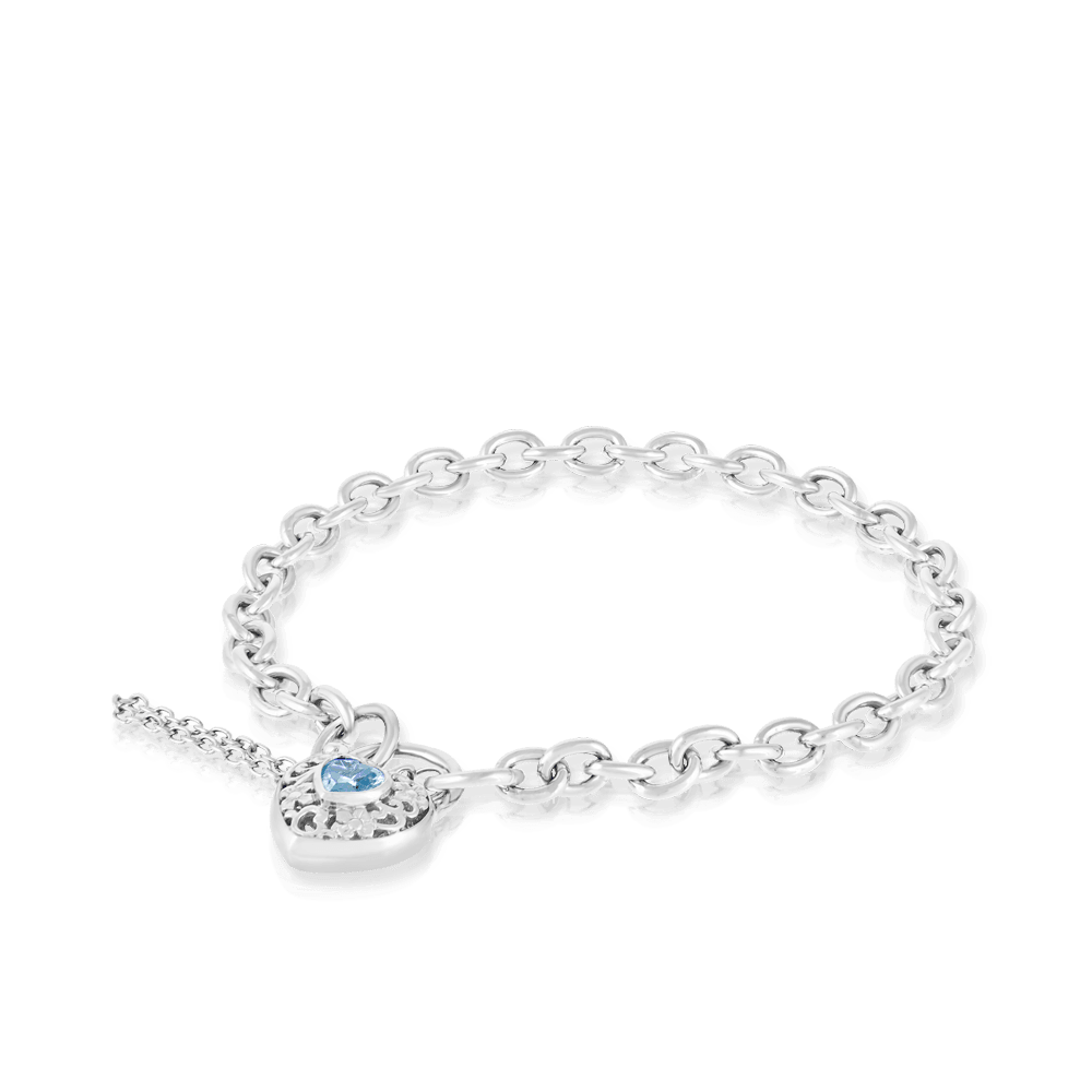 Blue Topaz Filigree Heart Padlock Bracelet in Sterling Silver
