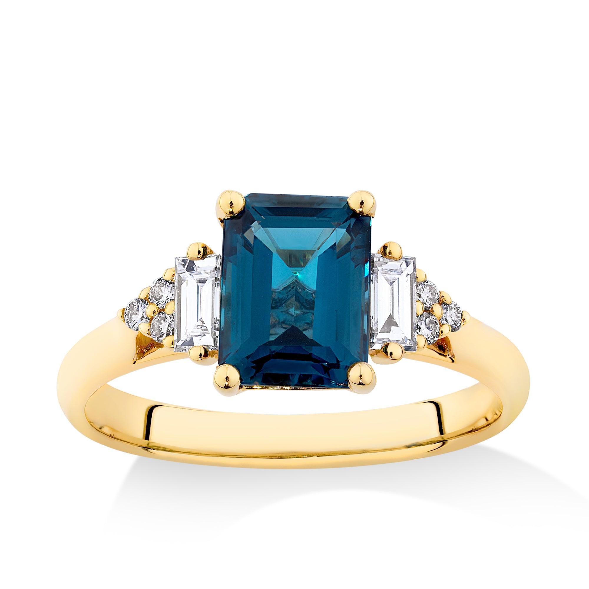 Bluebird London Blue Topaz & 0.26ct TW Diamond Ring in 9ct Yellow Gold