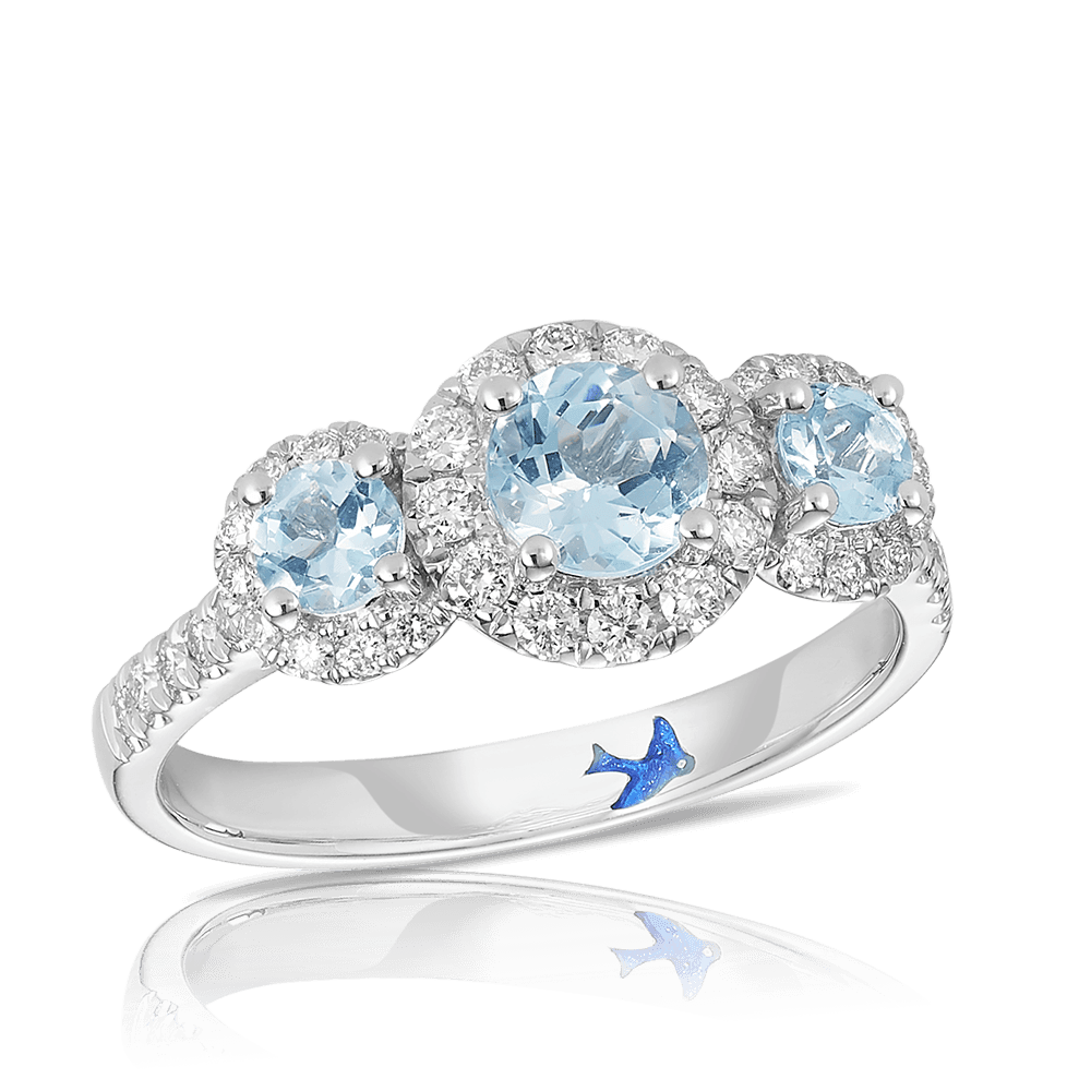 Bluebird of Happiness® Aquamarine and Diamond Halo Trilogy Ring in 9ct White Gold