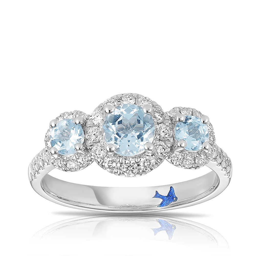Bluebird of Happiness® Aquamarine and Diamond Halo Trilogy Ring in 9ct White Gold - Wallace Bishop