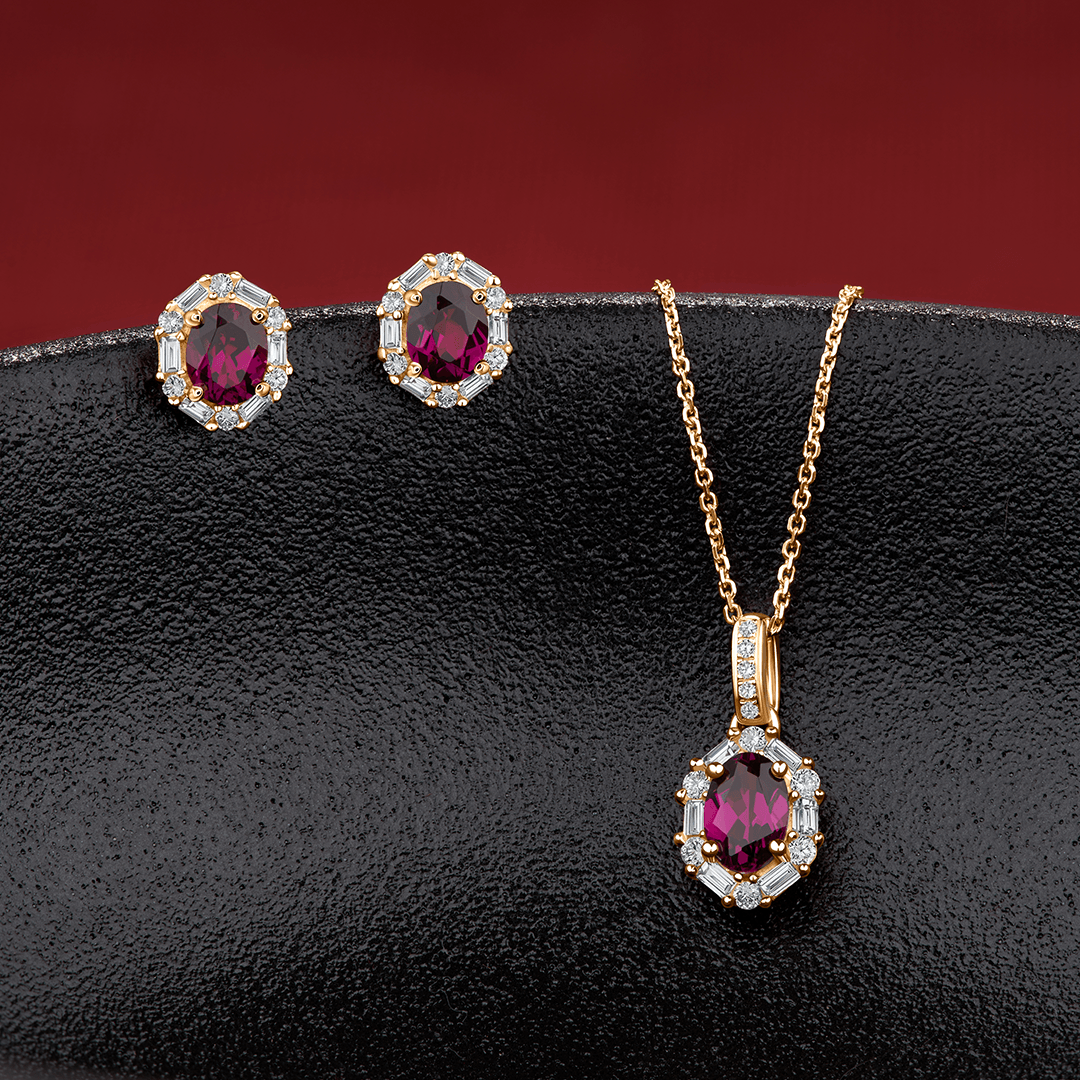 Bluebird Rhodolite Garnet & 0.25ct TW Diamond Earrings in 9ct Yellow Gold