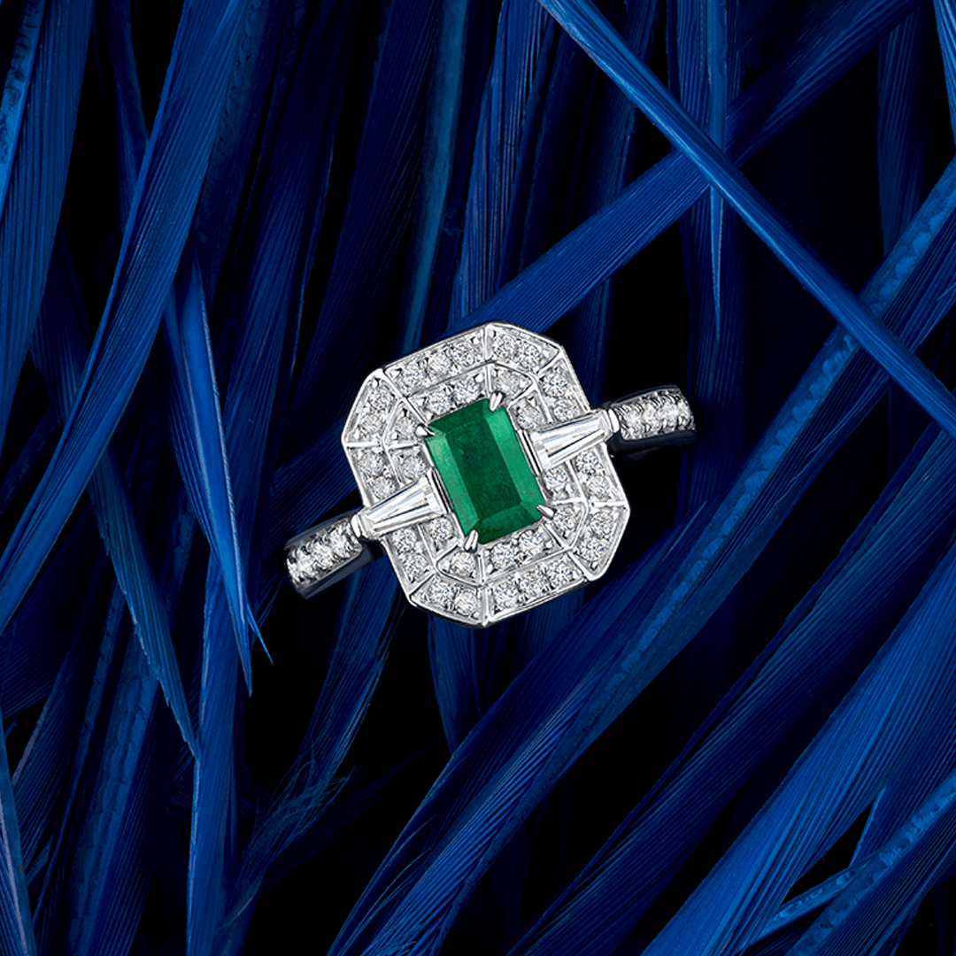 Bluebird Emerald & 0.50ct TW Diamond Ring in 9ct White Gold