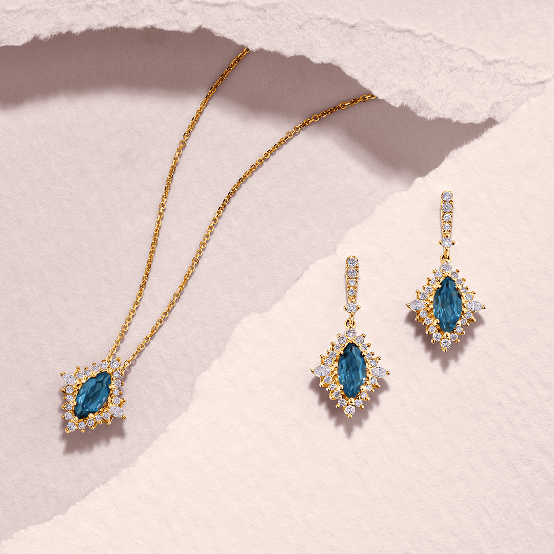 Bluebird™ London Blue Topaz & 0.30ct Diamond Marquise Halo Drop Earrings in 9ct Yellow Gold