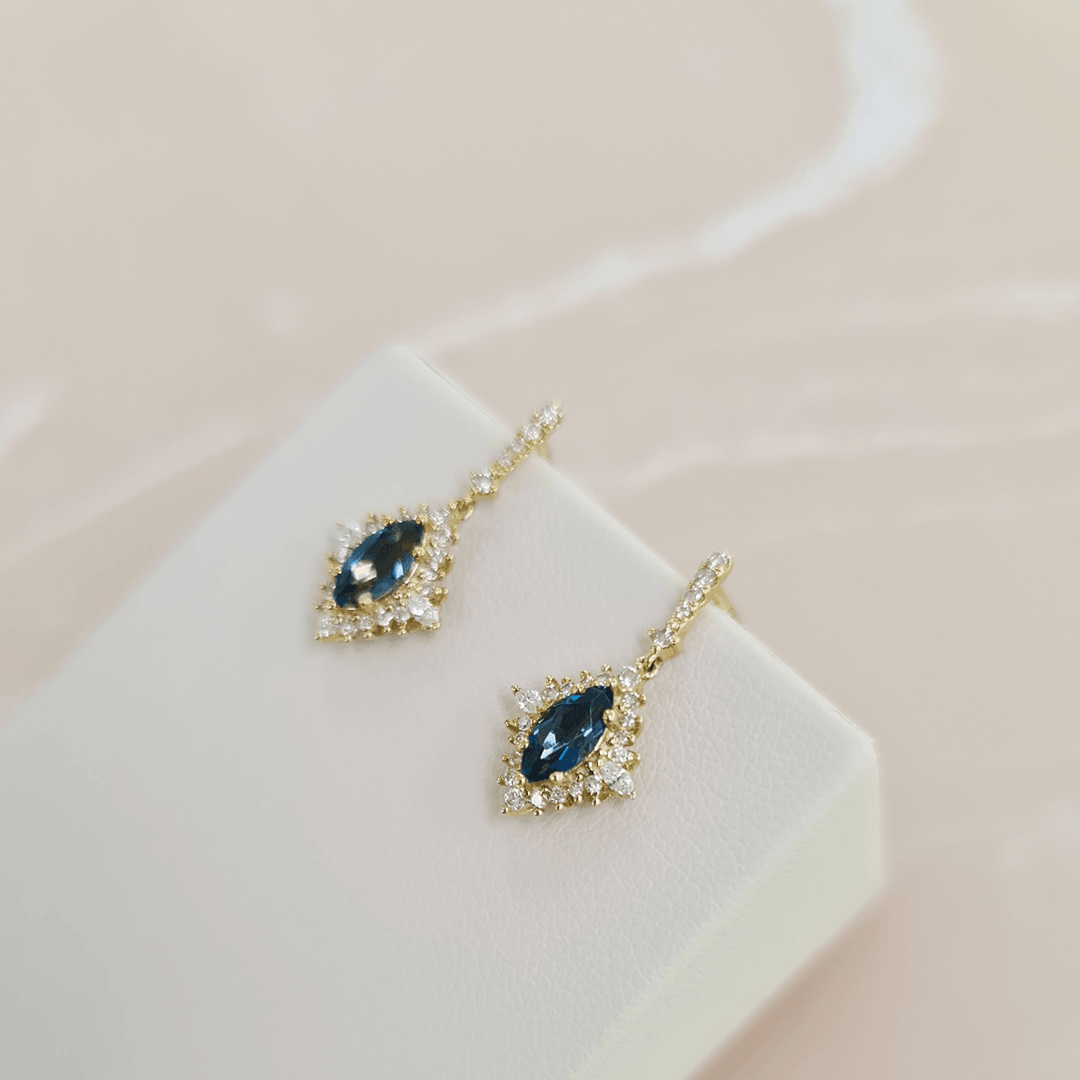 Bluebird™ London Blue Topaz & 0.30ct Diamond Marquise Halo Drop Earrings in 9ct Yellow Gold
