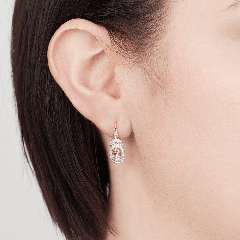 Bluebird™ Morganite & 0.20ct TW Diamond Halo Drop Earrings in 9ct Yellow Gold - Wallace Bishop