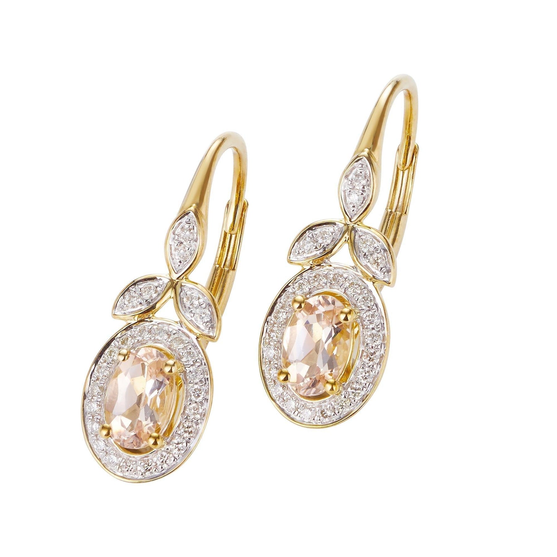 Bluebird™ Morganite & 0.20ct TW Diamond Halo Drop Earrings in 9ct Yellow Gold - Wallace Bishop