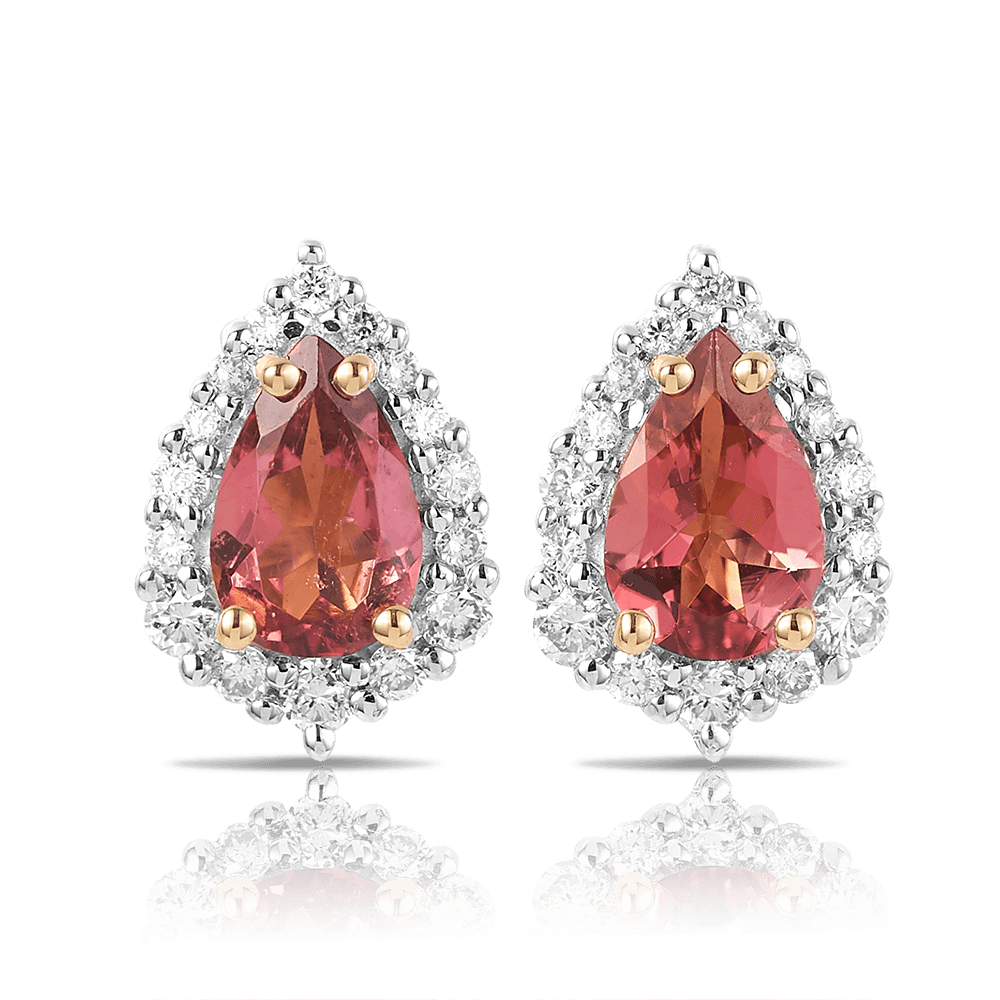 Bluebird™ Pink Tourmaline & 0.19ct TW Diamond Pear Halo Stud Earrings in 9ct Yellow Gold