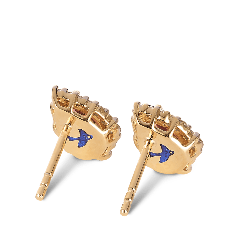 Bluebird™ Pink Tourmaline & 0.19ct TW Diamond Pear Halo Stud Earrings in 9ct Yellow Gold
