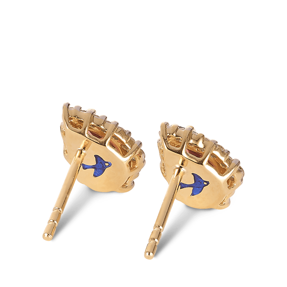 Bluebird™ Pink Tourmaline & 0.19ct TW Diamond Pear Halo Stud Earrings in 9ct Yellow Gold