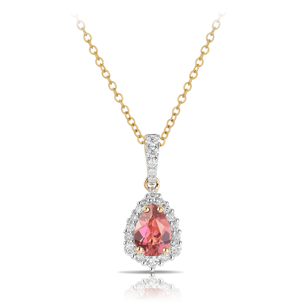 Bluebird™ Pear Cut Pink Tourmaline Claw Set Pendant with Chain in 9ct Yellow Gold