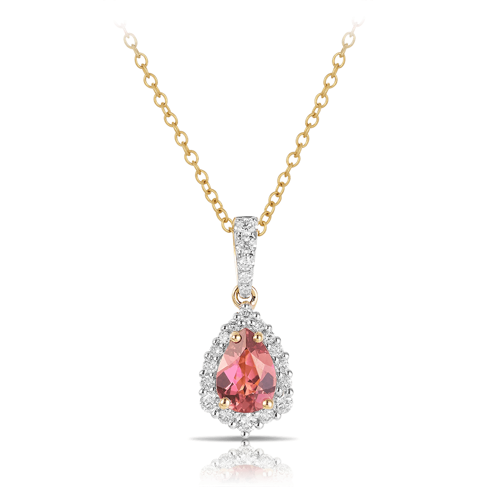 Bluebird™ Pink Tourmaline & 0.20ct TW Diamond Halo Pendant in 9ct Yellow Gold - Wallace Bishop