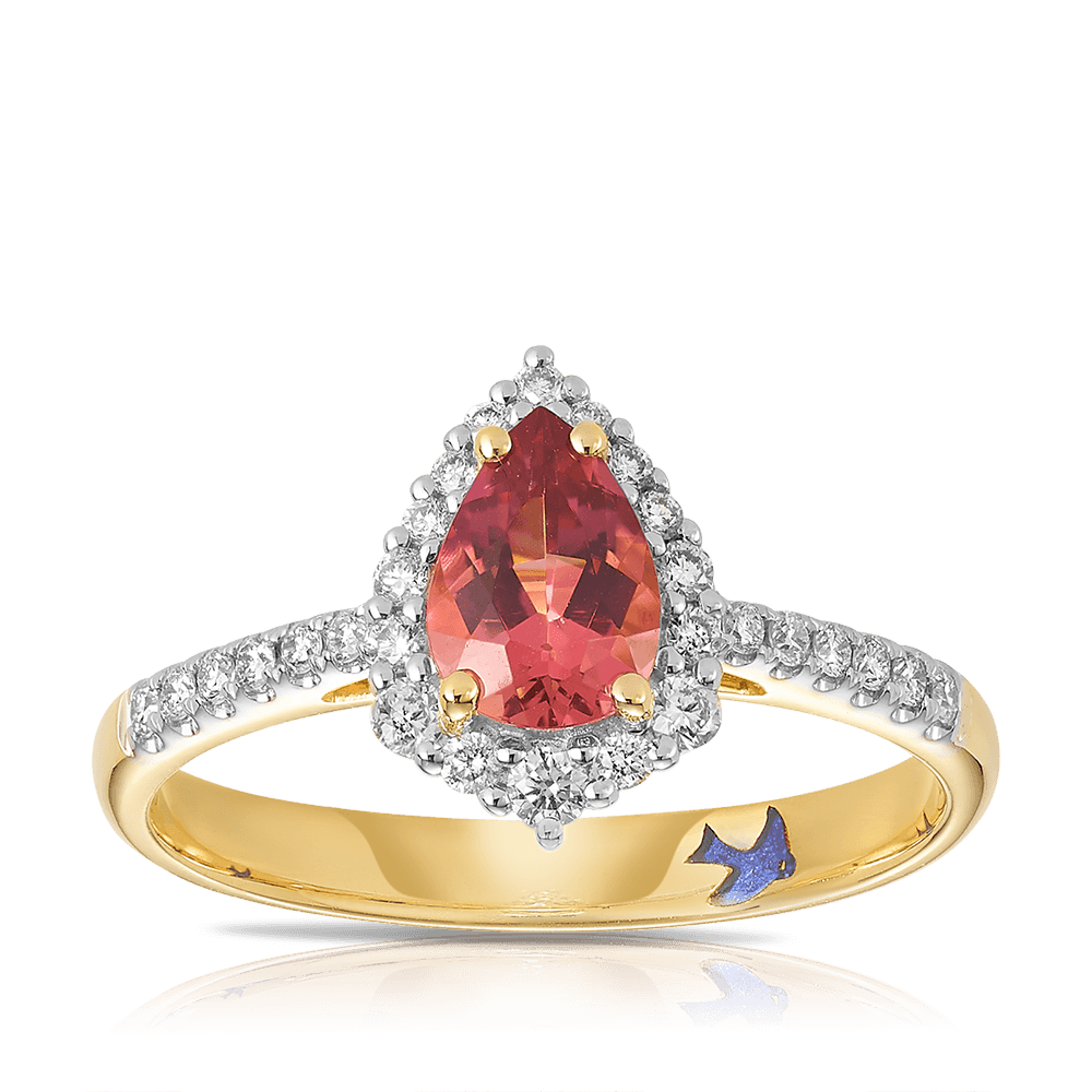 Bluebird of Happiness Pink Tourmaline and Diamond Ring in 9ct Yellow Gold TGW 0.96ct
