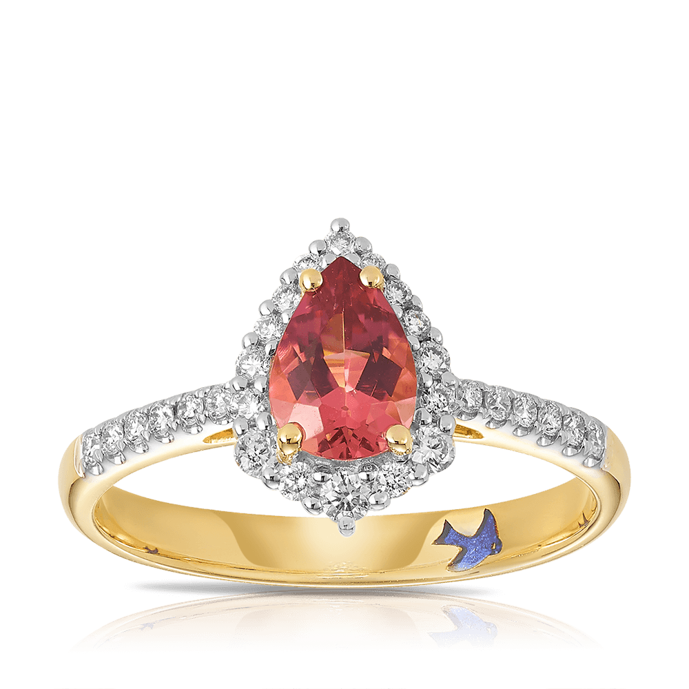 Bluebird™ Pink Tourmaline & 0.25ct TW Diamond Pear Halo Ring in 9ct Yellow Gold - Wallace Bishop