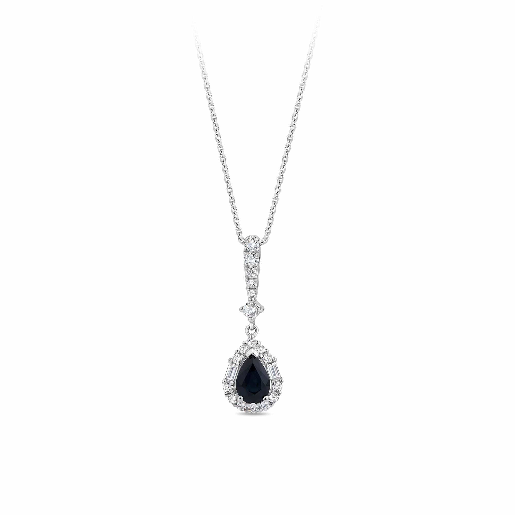 Bluebird™ Sapphire & 0.22ct Diamond Pear Halo Pendant with Chain in 9ct White Gold